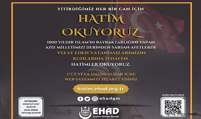 Depremde hayatını kaybedenler için Ağrı'da hatim okutulacak